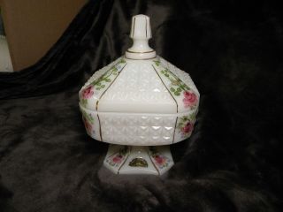 Vintage Hand Painted Lidded Candy Dish Milk Glass With Roses And Has Pedestal