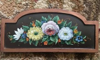 Vintage Hand Painted Floral Folk Art On Small Wood Plaque Collectible