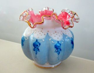 Vintage Fenton Hand Painted Blue Flowers White Glass Vase Ruffled Cranberry Top