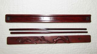 Vintage Carved Rosewood Box With Chopsticks Sliding Cover Branch And Flowers