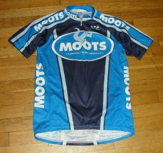 Vtg Moots Cycling Jersey By Voler Short Sleeve 3/4 Zip Blue Tour Logos Usa Large