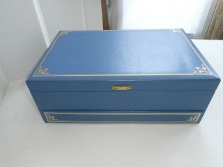 Vintage Mele ? Jewelry Box Chest W/ Drawer - Blue & Gold Trim