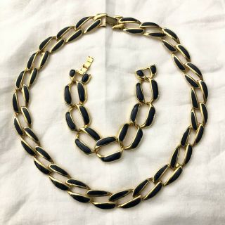 Vintage Napier Blue Enamel & Gold Tone Link Necklace & Bracelet Set