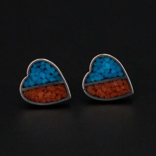 Vtg Sterling Silver - Navajo Coral Turquoise Inlay Heart Post Earrings - 4.  5g