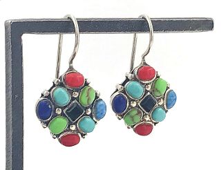 Vintage.  925 Sterling Silver & Multi - Color Gemstone Cluster Wire Earrings