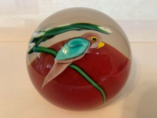 1982 Vintage Orient Flume Signed Parrot Flowers Heavy Glass Paperweight