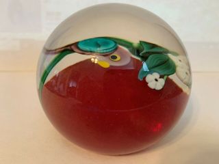 1982 Vintage Orient Flume Signed Parrot Flowers Heavy Glass Paperweight 6