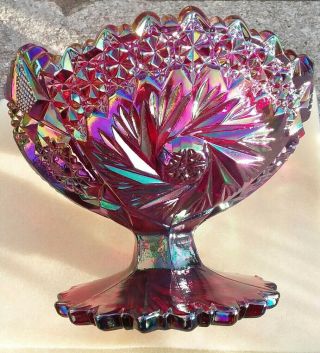 Vintage Fenton Hobstar Pinwheel Red Carnival Glass Compote Candy Dish