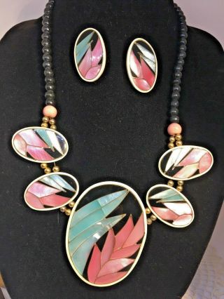 Gorgeous Vintage Abalone Inlay Tropical Leaf Necklace & Earring Set