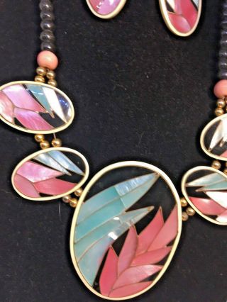 GORGEOUS Vintage Abalone Inlay Tropical Leaf Necklace & Earring Set 2