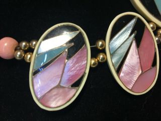 GORGEOUS Vintage Abalone Inlay Tropical Leaf Necklace & Earring Set 3
