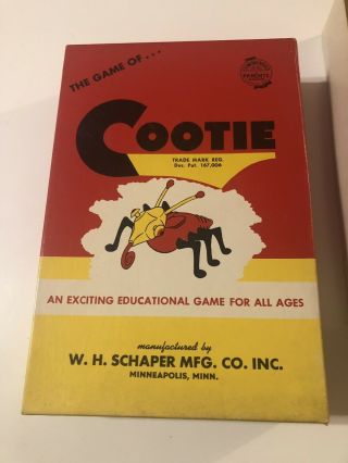Vintage 1949 THE GAME OF COOTIE Box W.  H.  Schaper Mfg.  Co.  Complete 3