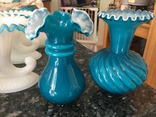 Pair Vintage Fenton Jamestown Blue (dark Teal) Cased Ruffled Vases