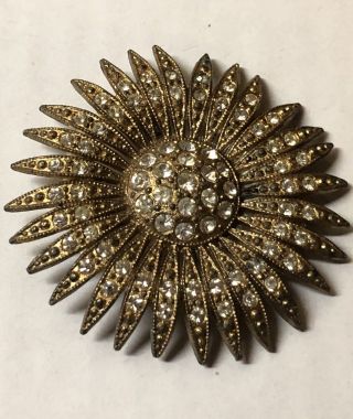 Vintage Retro Brooch Pin Sun Flower Pave Crystal Rhinestone Gold Tone Guc