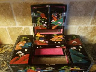Large VINTAGE BLACK LACQUER HAND PAINTED MUSICAL JAPAN JEWELRY BOX MUSICAL 8