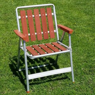 Vintage Aluminum Wood Folding Lawn Patio Beach Chair Redwood Camping Tailgating