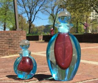 Vintage Murano Art Glass Blue And Red Perfume Bottles By Archimede Seguso
