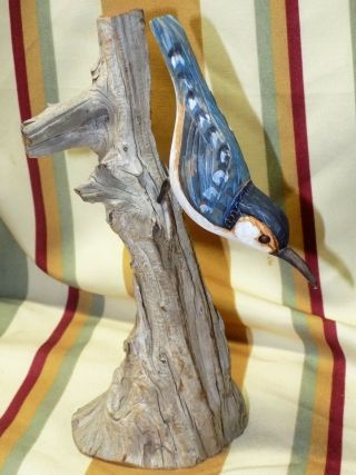 Vtg Hand Carved,  Hand Painted Bird On Driftwood By John Cowden Folk Art