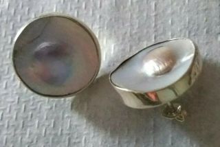 Vintage Arlene Siwek Sterling Silver Mabe Blister Pearl Disc Pierced Earrings