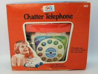 Fisher Price Chatter Telephone 747 Wood Base Vintage 1969 - 1974 With Box
