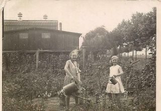 Cute Little Girl Kids With Watering Cans In Huge Farm Barn Garden Vintage Photo