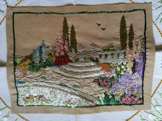 Vintage Embroidered Panel English Country Garden Flowers Silk Threads