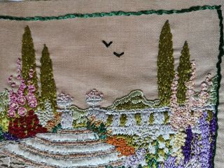 VINTAGE EMBROIDERED PANEL ENGLISH COUNTRY GARDEN FLOWERS SILK THREADS 5