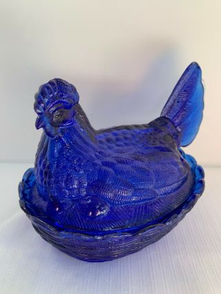 Vintage Split Tail Cobalt Blue Glass Hen Chicken Nesting Basket Trinket Holder