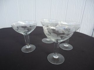 4 Vintage Art Deco Hollow Stem Champagne Glasses Grapevine
