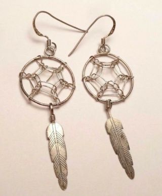 Vintage Dream Catcher Etched Feather Dangle Earrings Sterling Silver 925 2