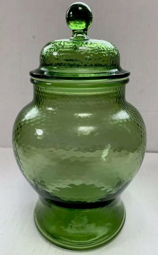 Green Glass Cookie Jar Canister Candy Apothecary With Lid Vintage