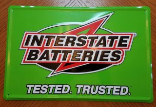 Vintage Old Stock Interstate Batteries Embossed Tin Sign 17x12