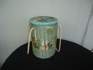 Vintage Round Sewing Craft Basket Cane Butterflies Cylinder Carry Handles Bag