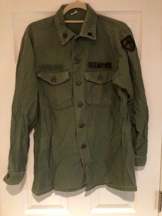 Vintage Wwii Green Us Army Button Up Military Issued Shirt With Patches And Pins