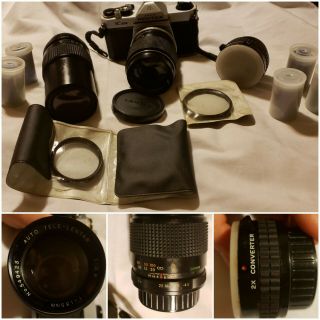 Vintage Pentax K1000 35mm Camera W/ Multiple Lenses Film 200mm Lense 2x Converte
