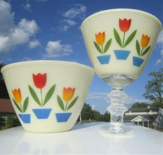 Set Anchor Hocking Fire King Tulips Vintage Kitchen Glass Mixing Bowls