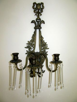 Vintage Brass 3 Candle Holder Wall Sconce With Glass Crystals & Griffin Heads
