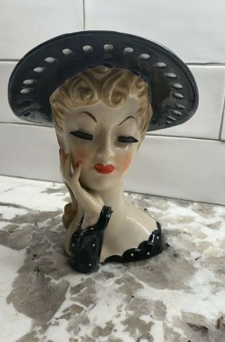 Vintage Art Deco Napco Lady Headvase Head Vase S348b Open Lace Hat Long Lashes