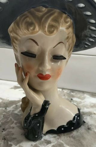 Vintage Art Deco NAPCO Lady HEADVASE Head Vase S348B Open Lace Hat Long Lashes 2