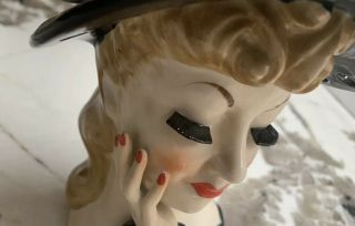 Vintage Art Deco NAPCO Lady HEADVASE Head Vase S348B Open Lace Hat Long Lashes 8