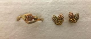 Vintage Set 10kblack Hills Gold 10k Pink Rose Ring Size 6 1/2 & Pair Earrings