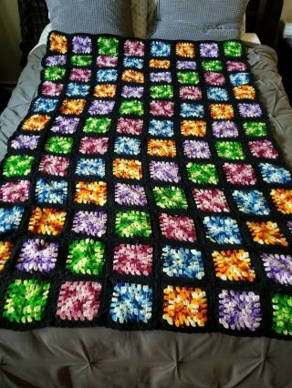 Vintage Afghan Handmade Crochet Black Colorful Granny Square Throw Lap Blanket