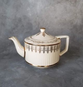 Vintage James Sadler England Teapot Ribbed Ivory Gold Euc