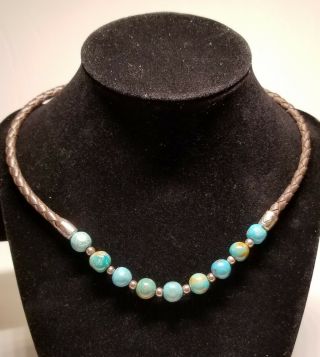 Vintage Sterling Silver Leather Braided Necklace Turquoise Beads Rope.  925
