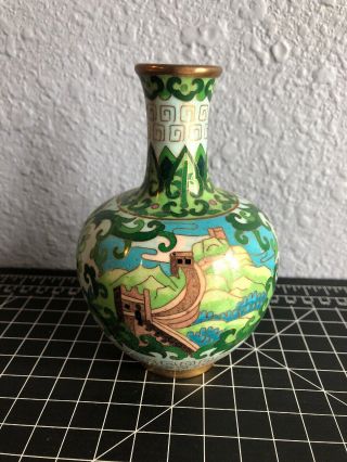 Chinese Enamel Cloisonne Vase Great Wall Of China Vintage 5”