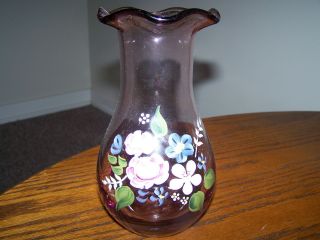 Fenton Teleflora Hand Painted Amethyst 8 " Vase Vintage Art Glass Hand Blown