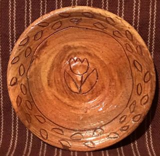 Vintage Primitive Folky Unsigned Redware Pottery Small Tulip Floral Plate Pa