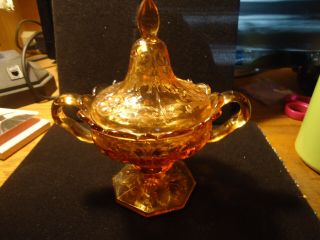 Vintage Amber Colored Glass Pedestal Scalloped Edge Two Handled Candy Dish With