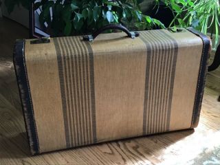 True Vintage Tweed Striped Suitcase With Leather Handle & Trim Plus Key
