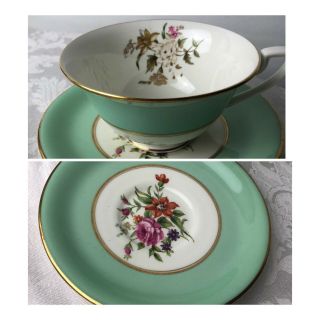 Royal Worcester Miranda Green Floral Cup & Saucer Set Vintage Bone China England